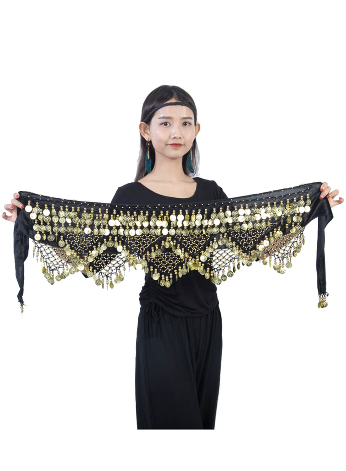 Belly Dance Hip Scarf with Sequin Tower for Women