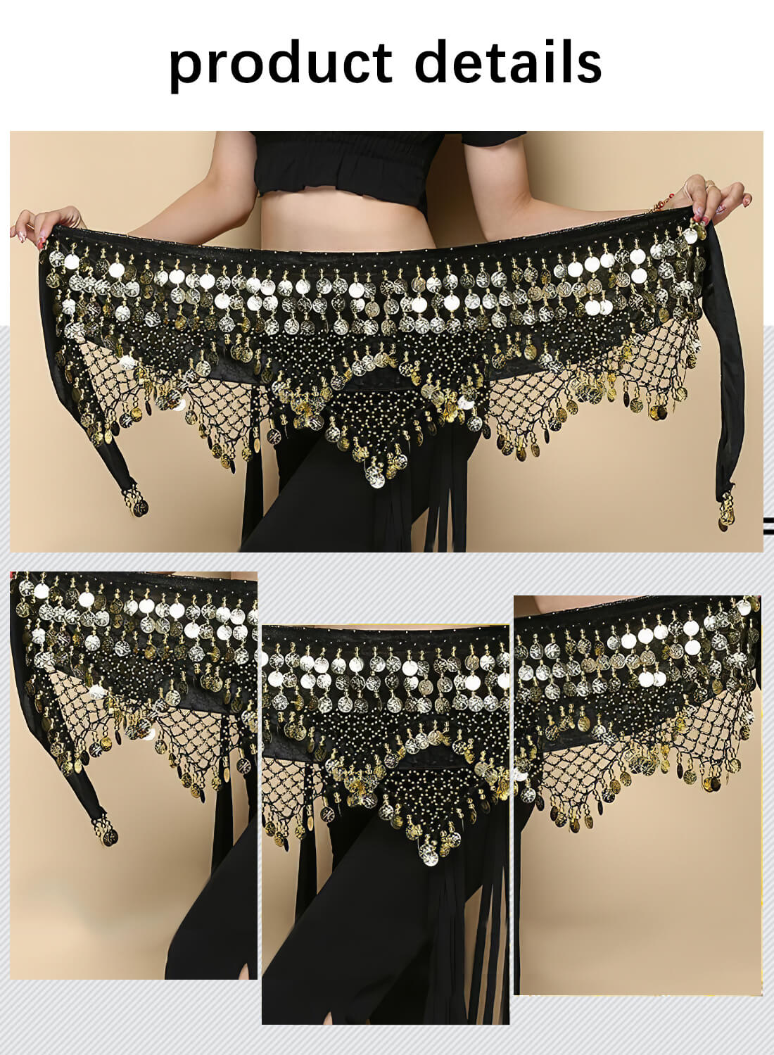 Belly Dance Hip Scarf with Sequin Tower for Women