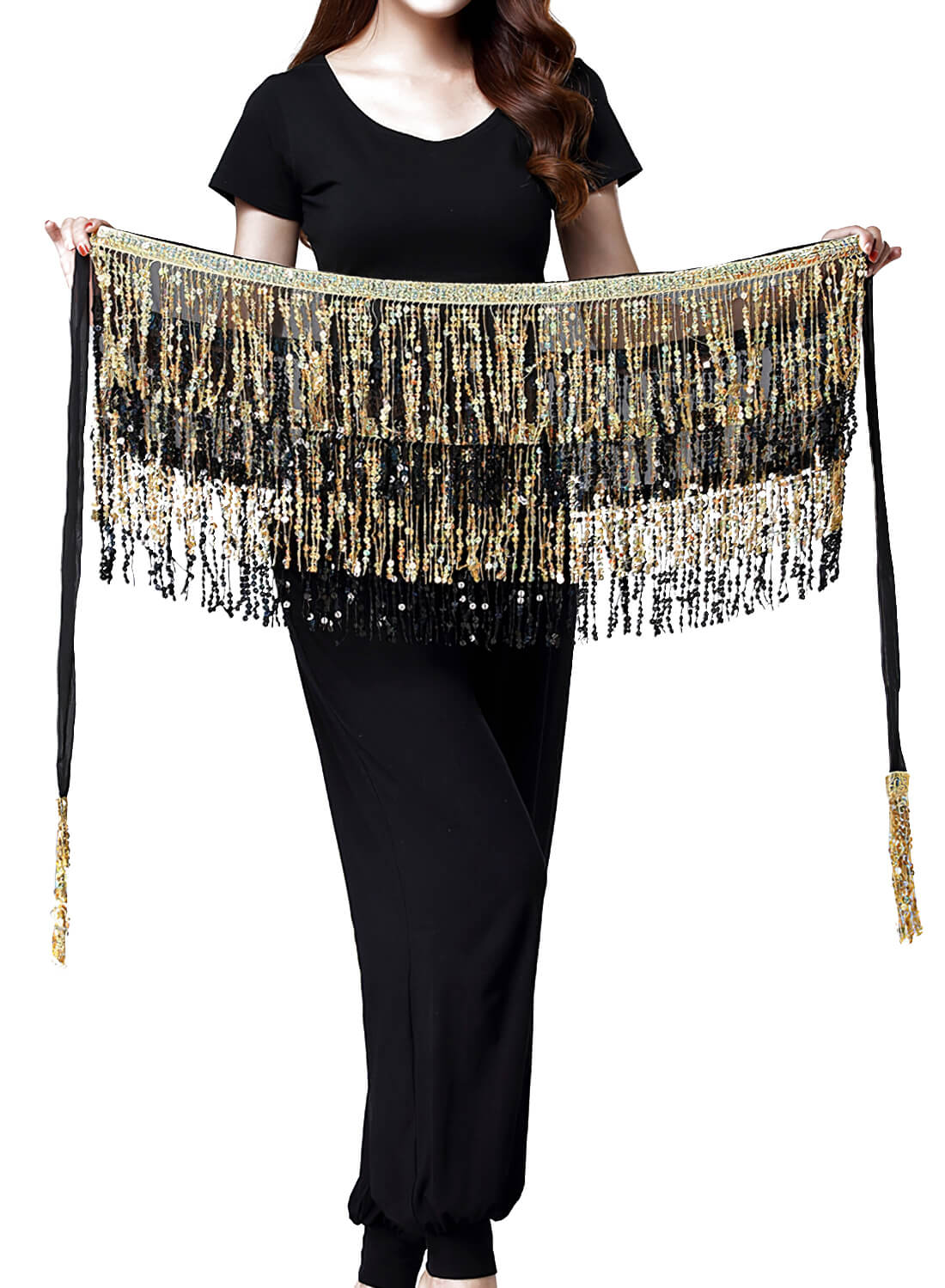 Belly Dance Hip Scarf with Four Layers of Sequined Tassels