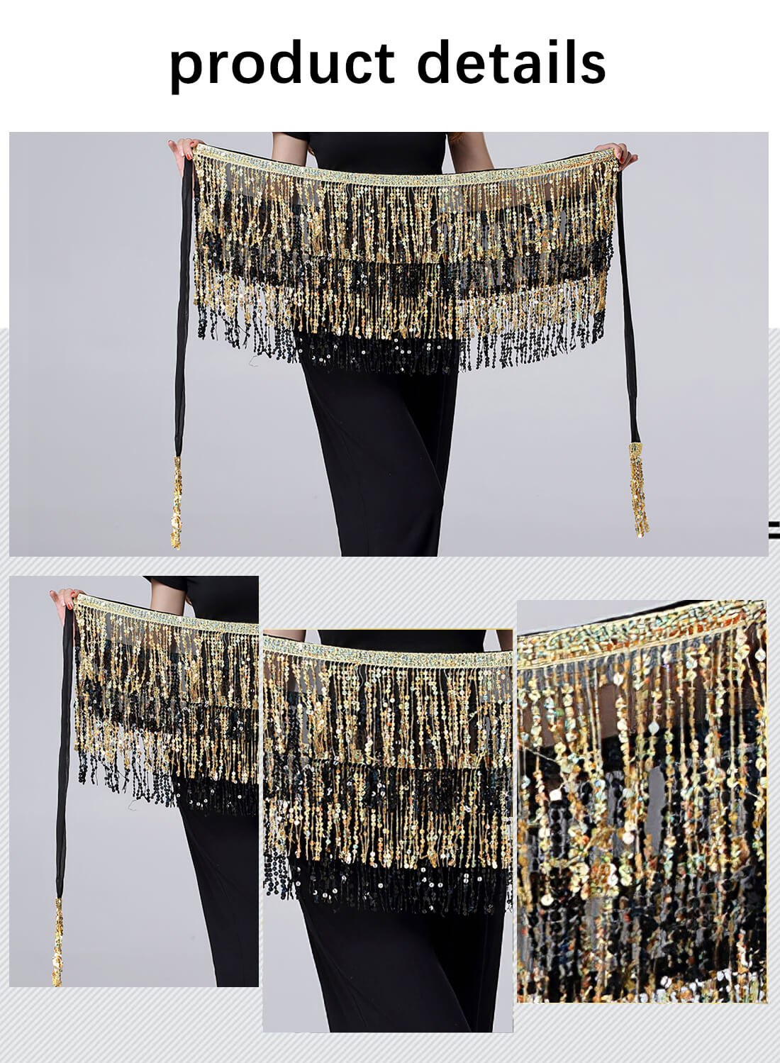 Belly Dance Hip Scarf with Four Layers of Sequined Tassels