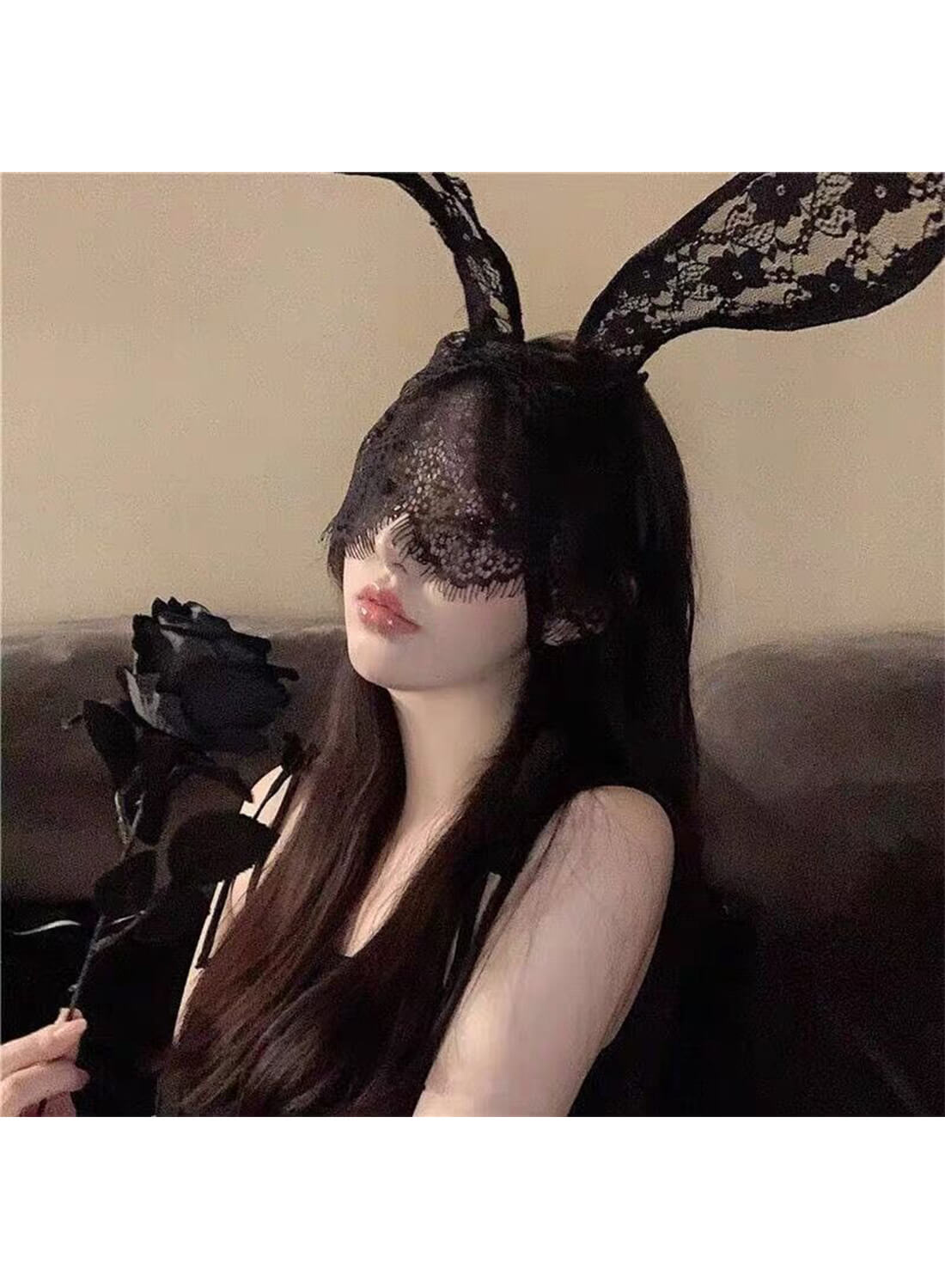 Women Lace Bunny Ears Headband with Veil Black