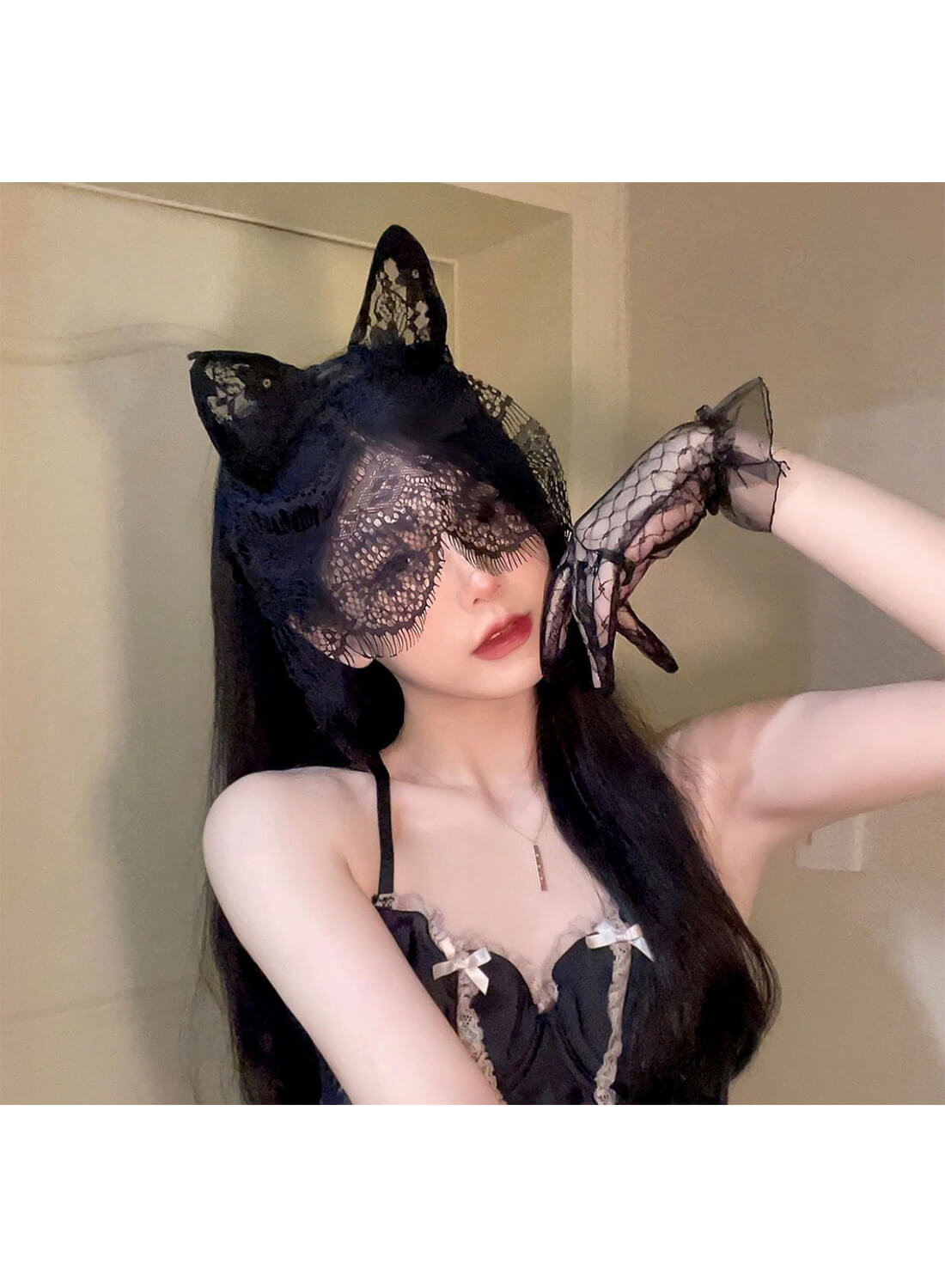 Women Cat Ears Headband with Lace Veil and Lace Gloves for Women