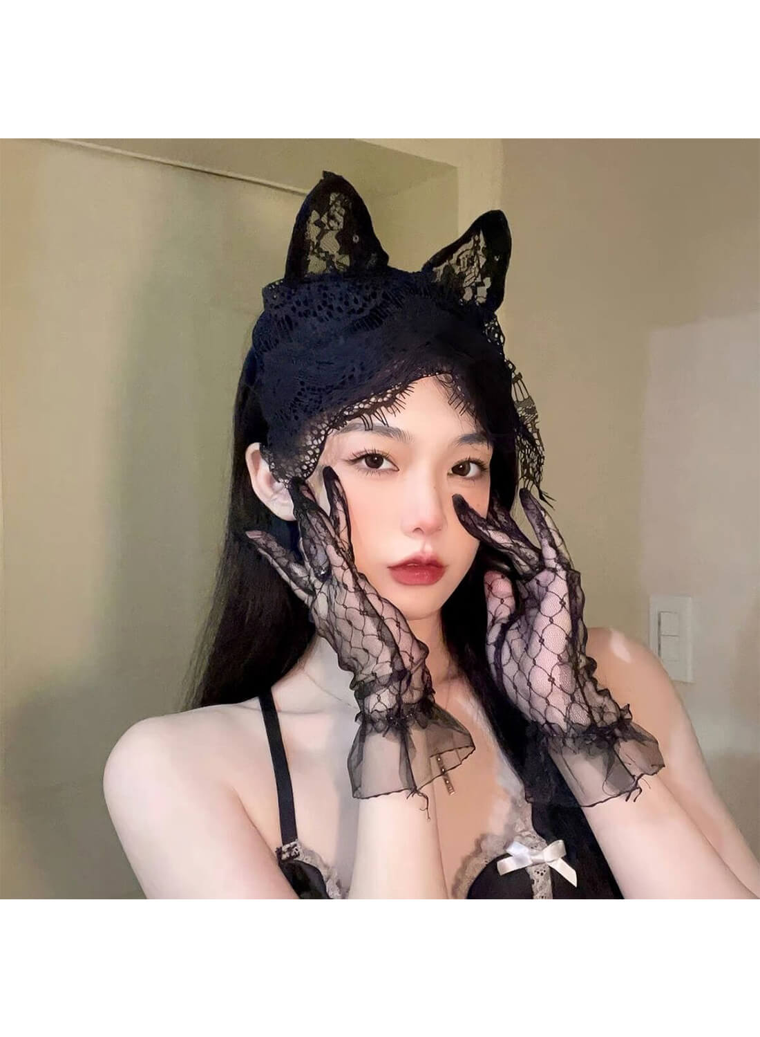 Women Cat Ears Headband with Lace Veil and Lace Gloves for Women