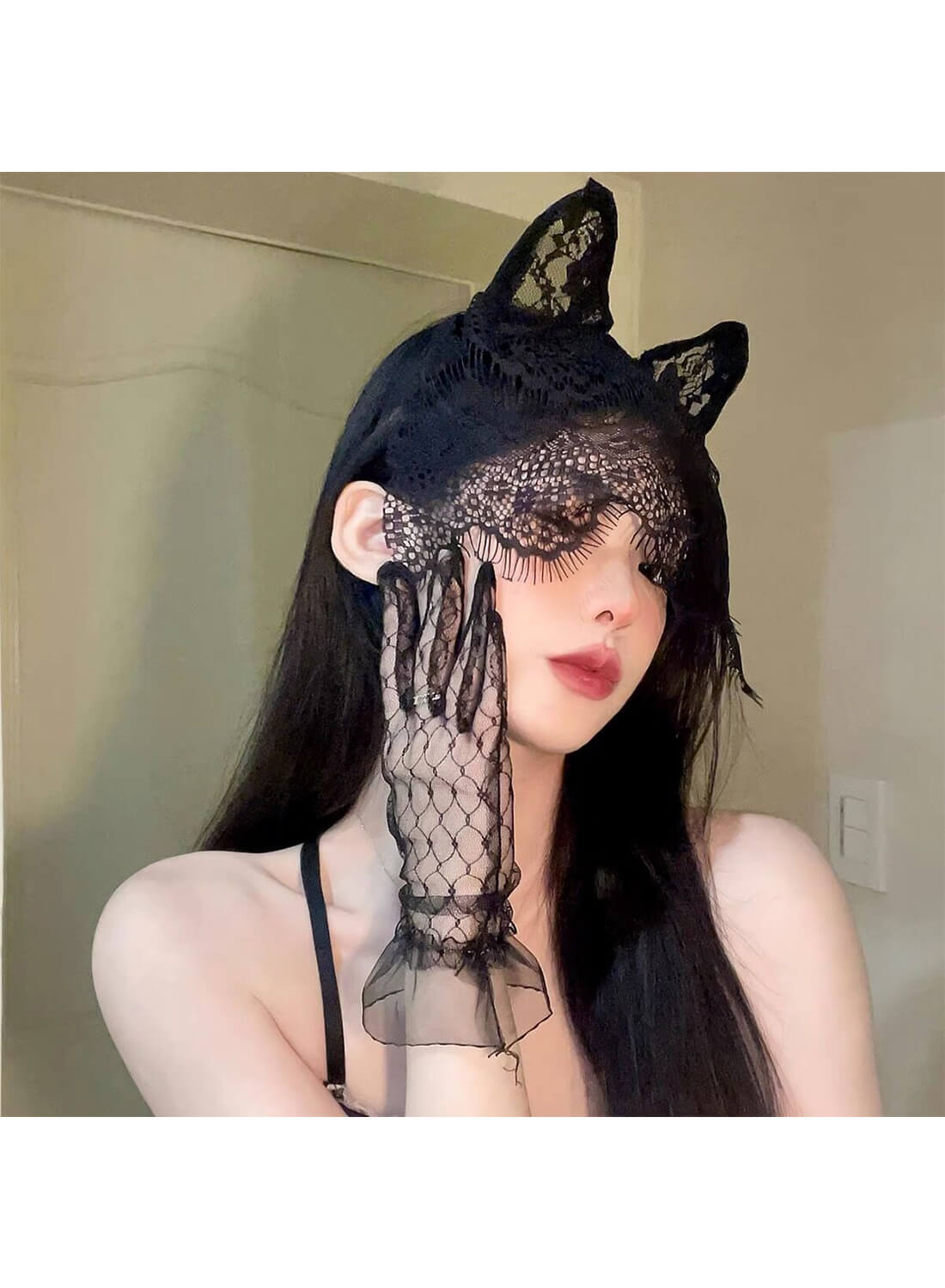 Women Cat Ears Headband with Lace Veil and Lace Gloves for Women