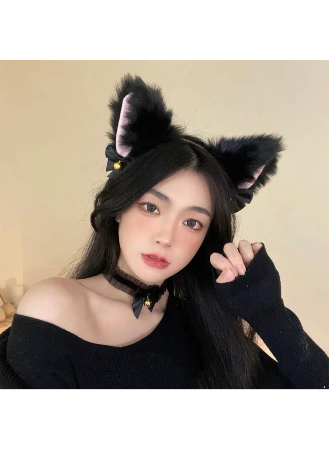 Women Cat Ears Headband and Tie up Lace Choker Set