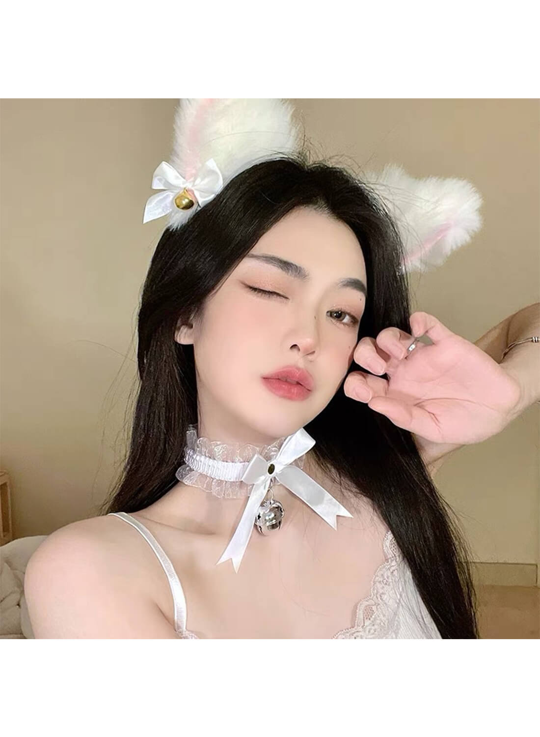 Women Cat Ears Headband and Tie up Lace Choker Set