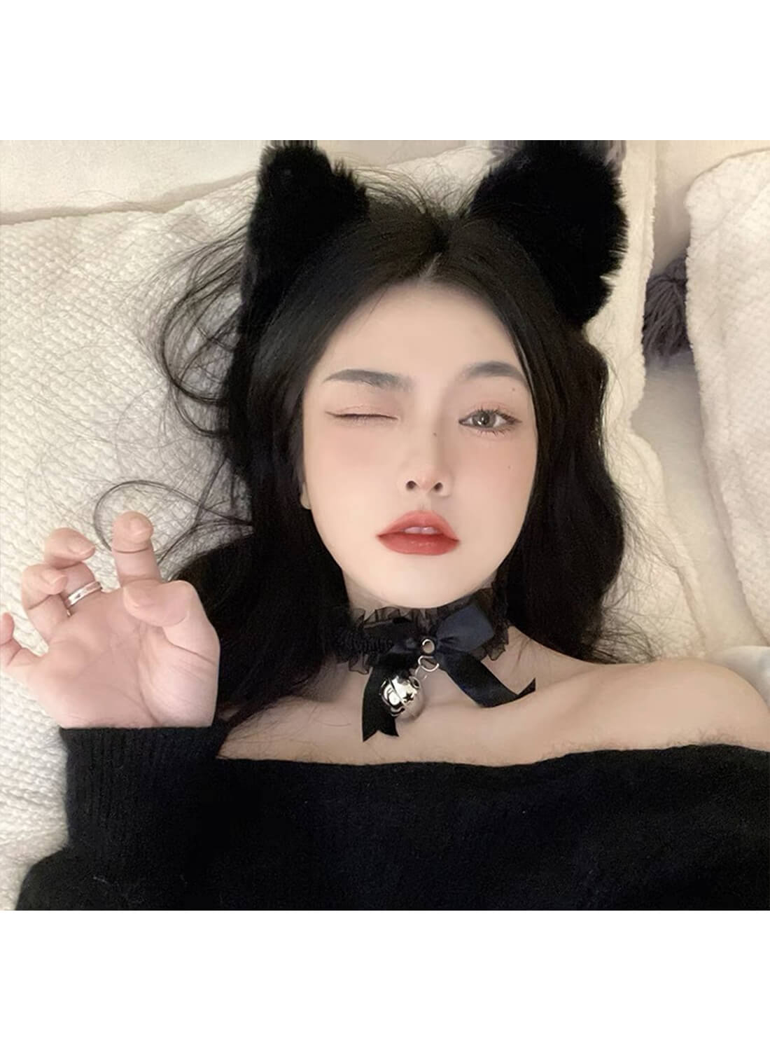 Women Cat Ears Headband and Tie up Lace Choker Set