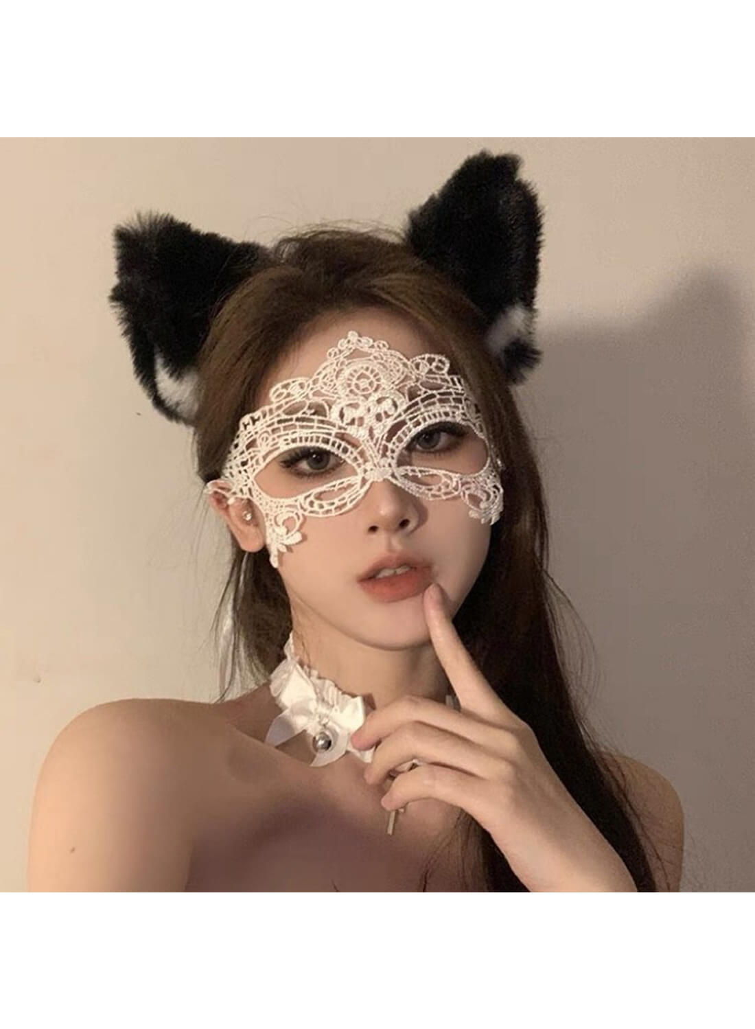 3Pcs Women Cat Ears Headband and Tie up Lace Choker and Lace Eye Mask Set