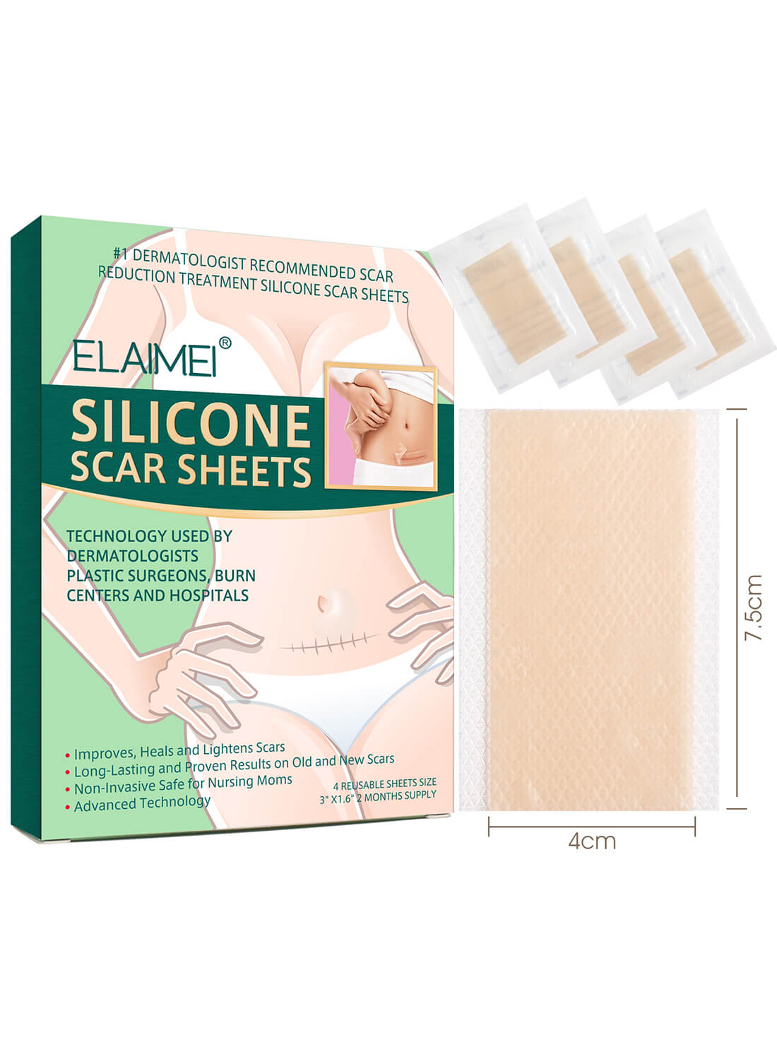 ELAIMEI Silicone Scar Sheets Skin Care 4Pcs